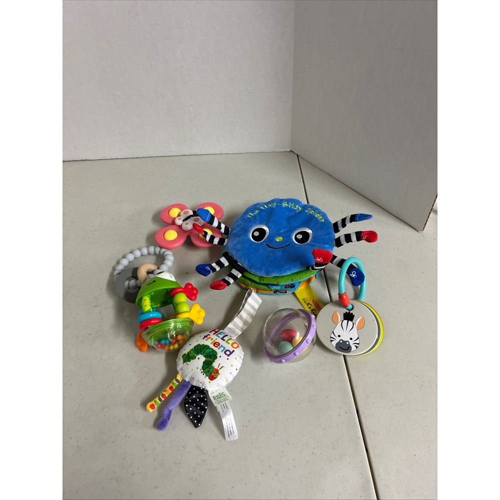 Lot‎ of Infant Sensory Toys 7 pc  Teethers, Rattles, Book
